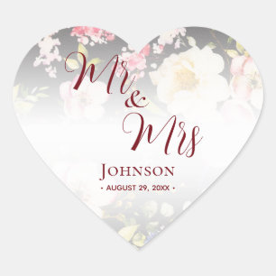 Watercolor Pink Yellow Roses,black blurred,Wedding Heart Sticker