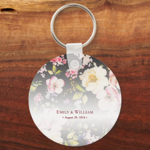 Watercolor Pink Yellow Roses,black blurred,Wedding Keychain