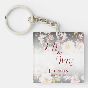 Watercolor Pink Yellow Roses,black blurred,Wedding Keychain