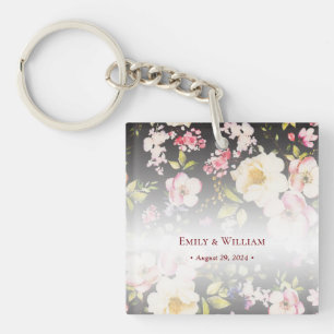Watercolor Pink Yellow Roses,black blurred,Wedding Keychain