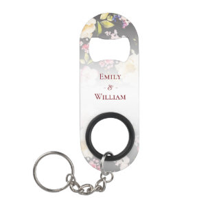 Watercolor Pink Yellow Roses,black blurred,Wedding Keychain Bottle Opener