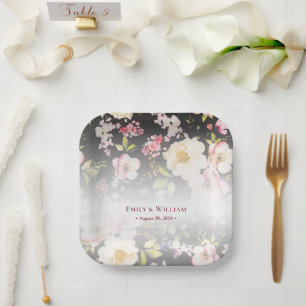 Watercolor Pink Yellow Roses,black blurred,Wedding Paper Plate