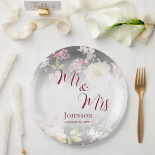 Watercolor Pink Yellow Roses,black blurred,Wedding Paper Plate