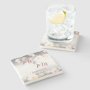 Watercolor Pink Yellow Roses,black blurred,Wedding Stone Coaster