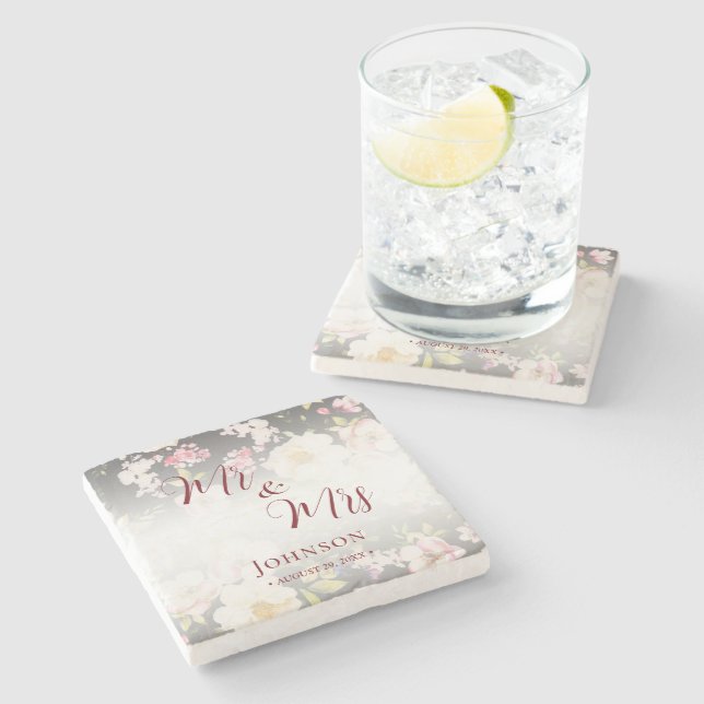 Watercolor Pink Yellow Roses,black blurred,Wedding Stone Coaster (Side)