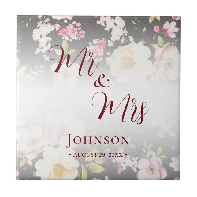 Watercolor Pink Yellow Roses,black blurred,Wedding Tile (Front)