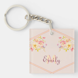 Watercolor Pink Yellow Roses, Lines, Monogram Keychain