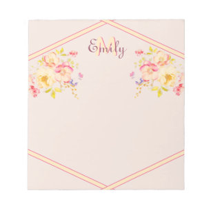 Watercolor Pink Yellow Roses, Lines, Monogram Notepad