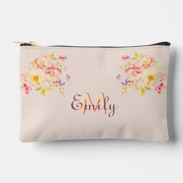 Watercolor Pink Yellow Roses, Monogram Accessory Pouch (Front)