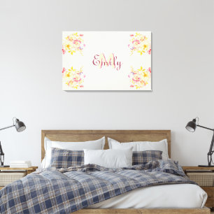 Watercolor Pink Yellow Roses, Monogram Canvas Print