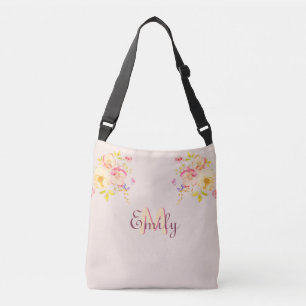 Watercolor Pink Yellow Roses, Monogram Crossbody Bag