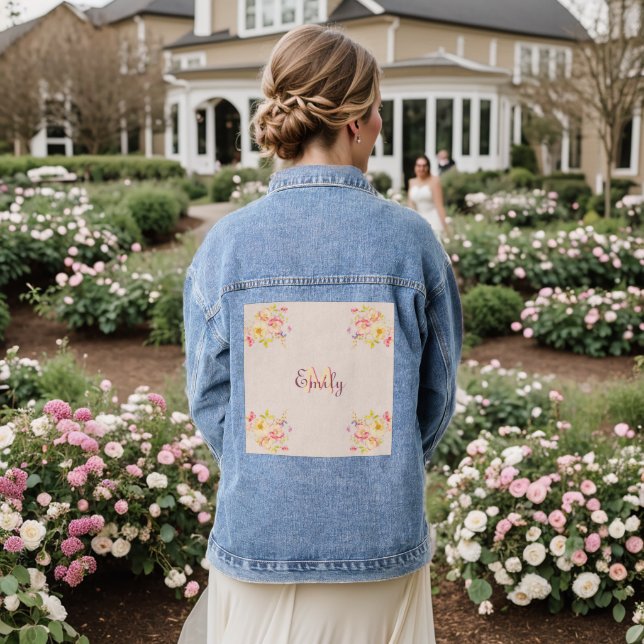 Watercolor Pink Yellow Roses, Monogram Denim Jacket (Wedding Back)