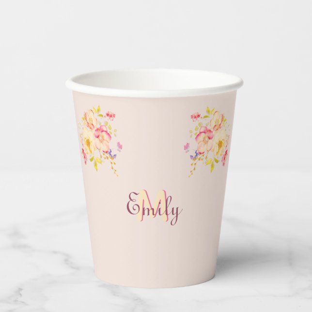 Watercolor Pink Yellow Roses, Monogram Paper Cups (Front)