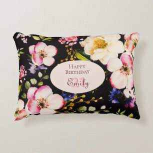 Watercolor Pink & Yellow Roses on Black, Birthday Accent Pillow
