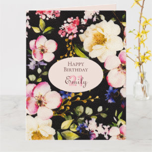Watercolor Pink & Yellow Roses on Black, Birthday Card