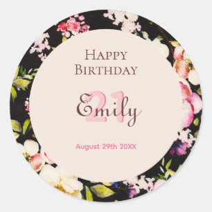 Watercolor Pink & Yellow Roses on Black, Birthday Classic Round Sticker