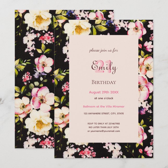 Watercolor Pink & Yellow Roses on Black, Birthday Invitation (Front/Back)