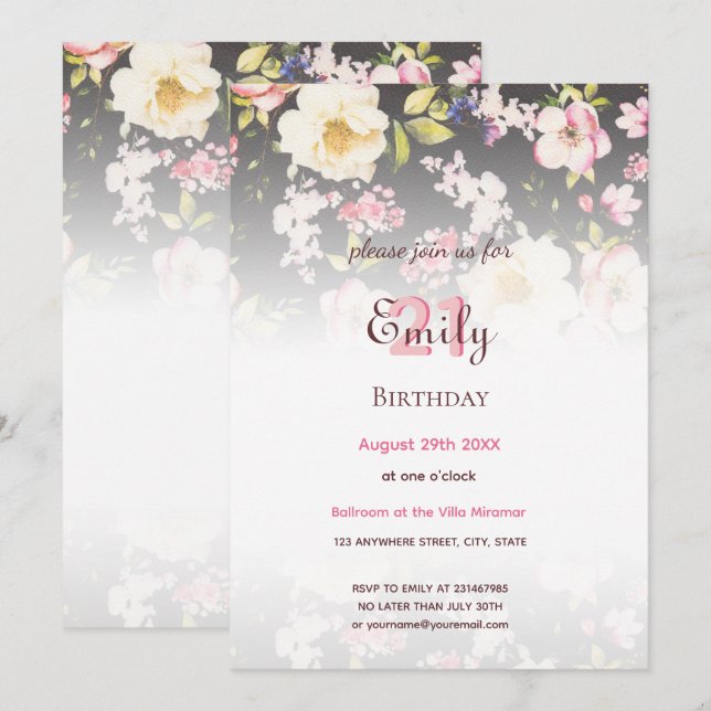 Watercolor Pink & Yellow Roses on Black, Birthday Invitation (Front/Back)