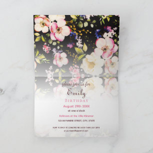 Watercolor Pink & Yellow Roses on Black, Birthday Invitation