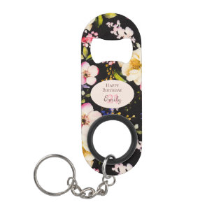 Watercolor Pink & Yellow Roses on Black, Birthday Keychain Bottle Opener