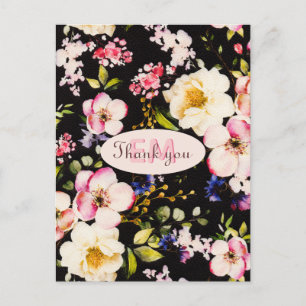 Watercolor Pink & Yellow Roses on Black, Birthday Postcard