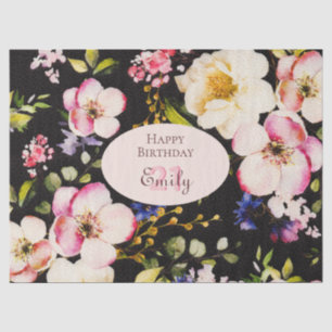 Watercolor Pink & Yellow Roses on Black, Birthday Tissue Paper