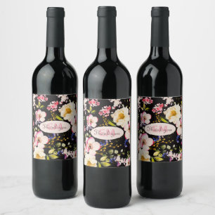 Watercolor Pink & Yellow Roses on Black, Birthday Wine Label