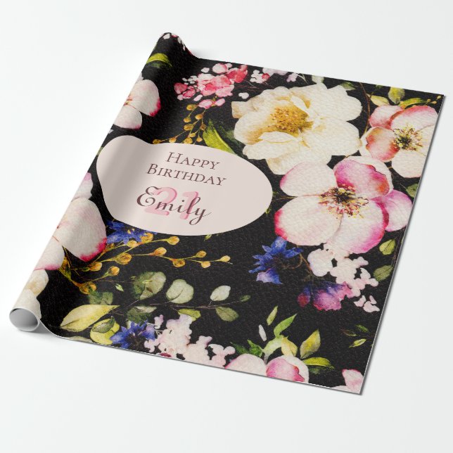 Watercolor Pink & Yellow Roses on Black, Birthday Wrapping Paper (Unrolled)