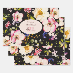 Watercolor Pink & Yellow Roses on Black, Birthday Wrapping Paper Sheet