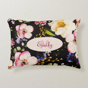 Watercolor Pink Yellow Roses on black, Monogram Accent Pillow