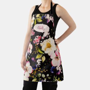 Watercolor Pink Yellow Roses on black, Monogram Apron