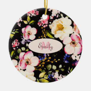 Watercolor Pink Yellow Roses on black, Monogram Ceramic Ornament