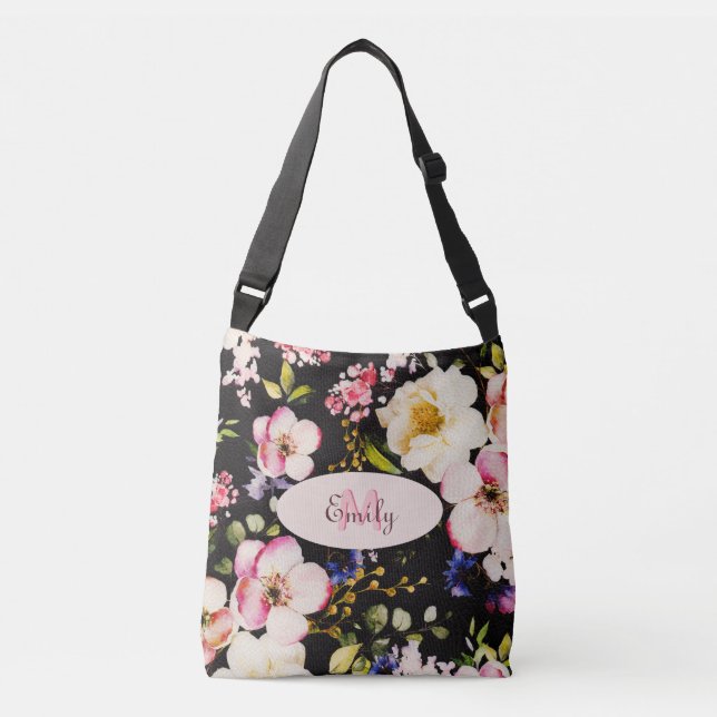 Watercolor Pink Yellow Roses on black, Monogram Crossbody Bag (Front)