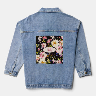 Watercolor Pink Yellow Roses on black, Monogram Denim Jacket