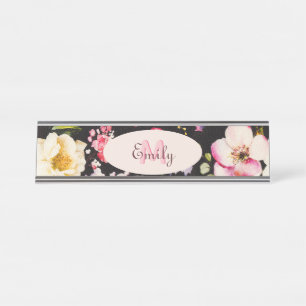 Watercolor Pink Yellow Roses on black, Monogram Desk Name Plate