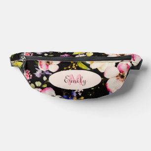 Watercolor Pink Yellow Roses on black, Monogram Fanny Pack