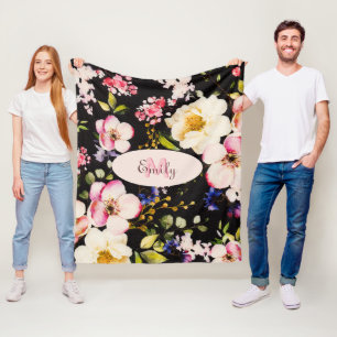 Watercolor Pink Yellow Roses on black, Monogram Fleece Blanket