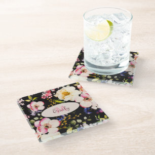 Watercolor Pink Yellow Roses on black, Monogram Glass Coaster