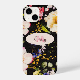 Watercolor Pink Yellow Roses on black, Monogram iPhone 14 Case