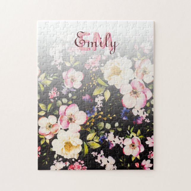 Watercolor Pink Yellow Roses on black, Monogram Jigsaw Puzzle (Vertical)