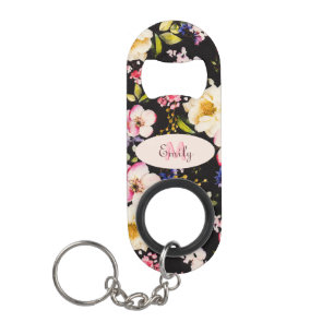 Watercolor Pink Yellow Roses on black, Monogram Keychain Bottle Opener