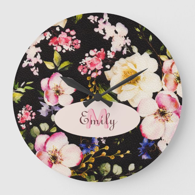 Watercolor Pink Yellow Roses on black, Monogram Large Clock (Front)