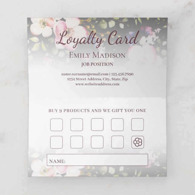 Watercolor Pink Yellow Roses on black, Monogram Loyalty Card (Inside Unfolded)
