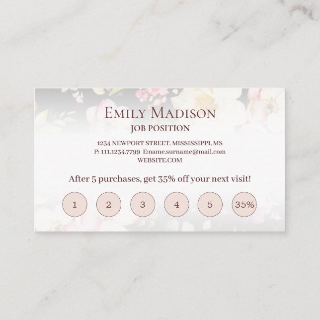 Watercolor Pink Yellow Roses on black, Monogram Loyalty Card (Back)