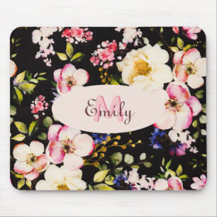 Watercolor Pink Yellow Roses on black, Monogram Mouse Pad