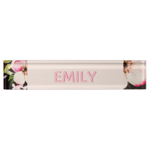 Watercolor Pink Yellow Roses on black, Monogram Nameplate