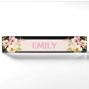 Watercolor Pink Yellow Roses on black, Monogram Nameplate