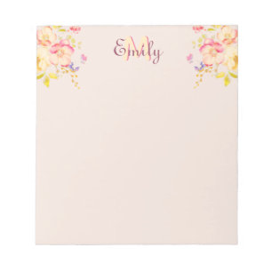 Watercolor Pink Yellow Roses on black, Monogram Notepad