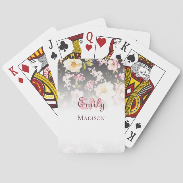 Watercolor Pink Yellow Roses on black, Monogram Playing Cards (Back)