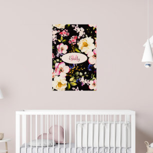 Watercolor Pink Yellow Roses on black, Monogram Poster